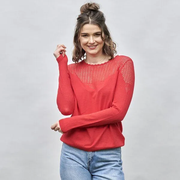 Kokon Zwo Kokon Zwo Pullover mit transparenter Strickstruktur 55% Leinen, 45% Baumwolle (kbA), Sommerrot, – Produktbild 1 von 2