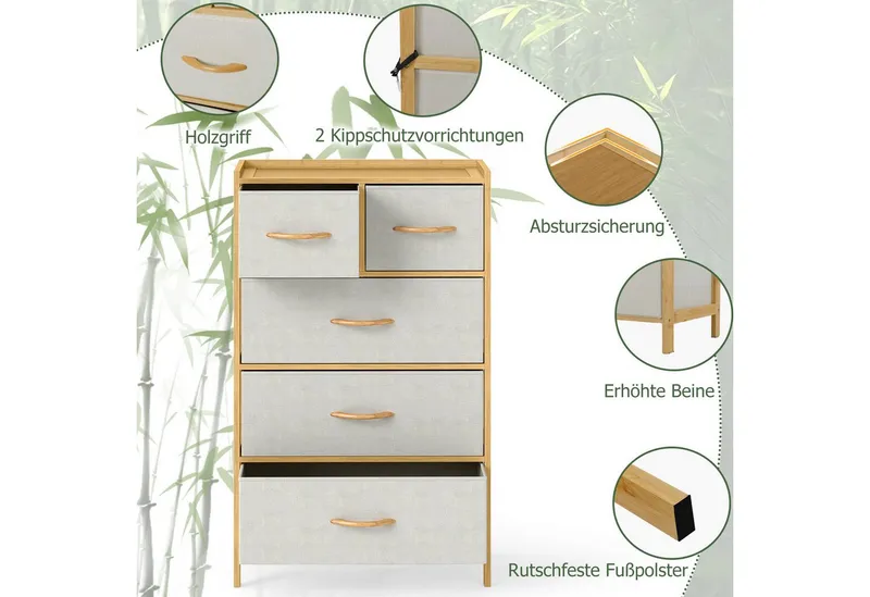 KOMFOTTEU Kommode, 5-Schubladen Bambus-Schubladenschrank Aufbewahrungsturm, Beige, – Produktbild 3 von 5