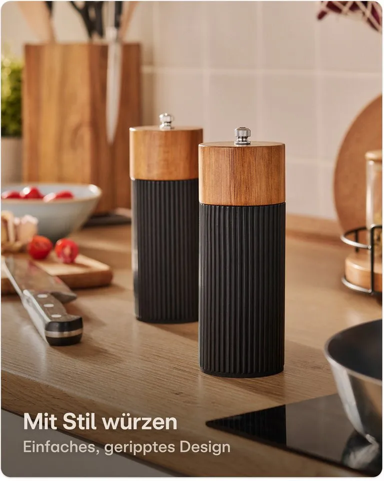 Praknu Salz- / Pfefferstreuer Salz & Pfeffermühle Set Akazien Holz – Edles Design & Keramikmahlwerk, (2er Set, 2-tlg), FSC-zertifiziert, Keramikmahlwerk, Stufenlos einstellbar, Langlebig, Schwarz, – Produktbild 2 von 5