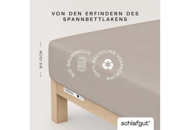 Schlafgut Schlafgut Spannbettlaken CASUAL Bettlaken 100% gekämmte Bio-Baumwolle, 150 g/m², Spannbetttuch, Jersey, Gummizug: rundum, (1 Stück), Bettlaken bis 25 cm Höhe, langlebig, weich, Antipilling-Ausrüstung, Braun, – Produktbild 2 von 5