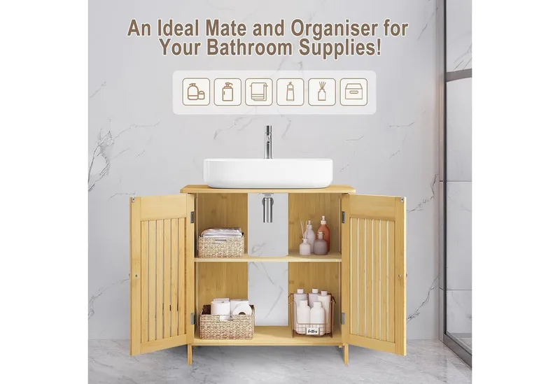 EUGAD Waschbeckenunterschrank (1-St) aus Bambus, Verstellbarer Einlegeboden, 60x60x30cm, Naturfarbe | korpus: naturfarbe | arbeitsplatte: naturfarbe, – Produktbild 4 von 5