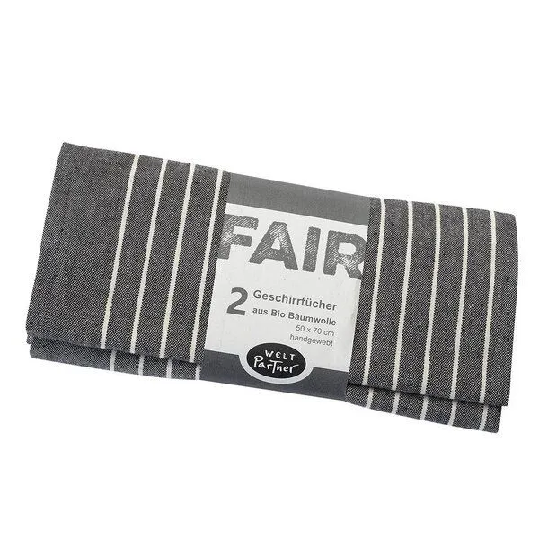weltPartner weltPartner Geschirrtücher mit Streifen, 2er-Set aus Bio-Baumwolle, Anthrazit/naturweiß (schwarz), – Produktbild 1 von 2