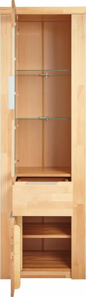 OTTO home Vitrine ZARA75, 2 Glasboden variabel, Türen L/R, 1 Schublade, Wohnzimmer B/T/H:60/40/190cm,Front massivholz,5 Fächer,Griffe silberfarben, geölt, Braun, – Produktbild 4 von 4