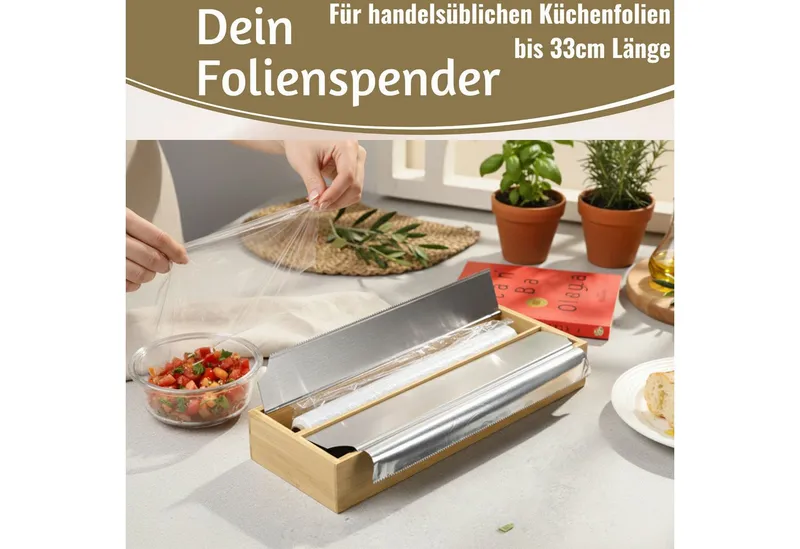 LS-LebenStil Folienspender 2-fach Holz Bambus Schubladen Alufolienspender Folienschneider 35x13cm, (für Schubladen ideal, Abroller Alufolienspender Alufolien-Spender, 1-St., Folienabroller passend für Alufolie Frischhaltefolie), FSC zertifiziert, Braun, – Produktbild 4 von 5
