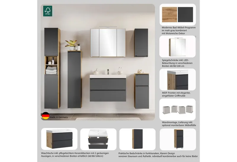 welltime Waschtisch CABO, Waschtisch, matt grau, griffloses Design, Grau, – Produktbild 4 von 5