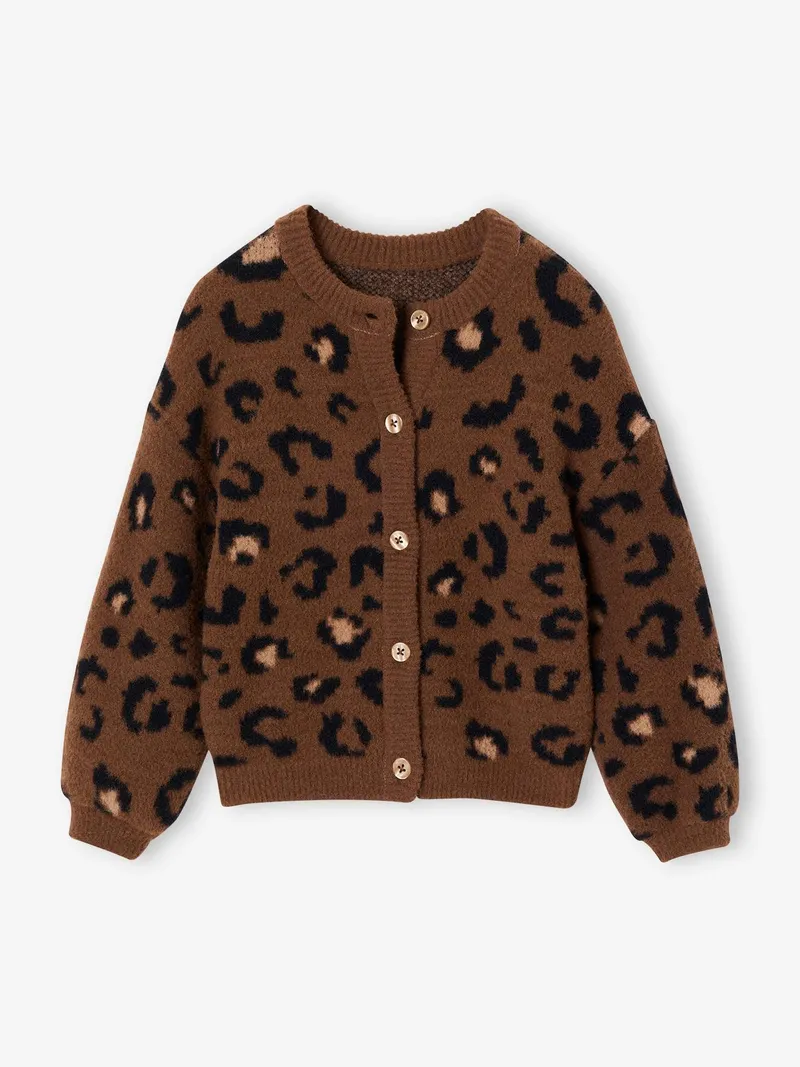 Vertbaudet Flauschige Mädchen Strickjacke mit Tiermuster leo, Braun leo, – Produktbild 3 von 4