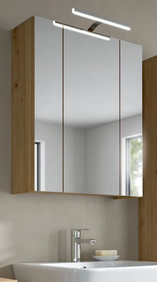 Inn.Furn Badezimmerspiegelschrank Cover (Badschrank in Artisan Eiche, 3-türig / 3D, 60 x 70 cm) mit 9 Fächern, Beige, – Produktbild 5 von 5