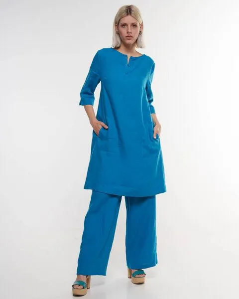 Alma & Lovis Alma & Lovis Legeres Tunika-Kleid mit Knopfleiste aus reinem Leinen | Leinen Kleid, Orient blue (blau), – Produktbild 2 von 4