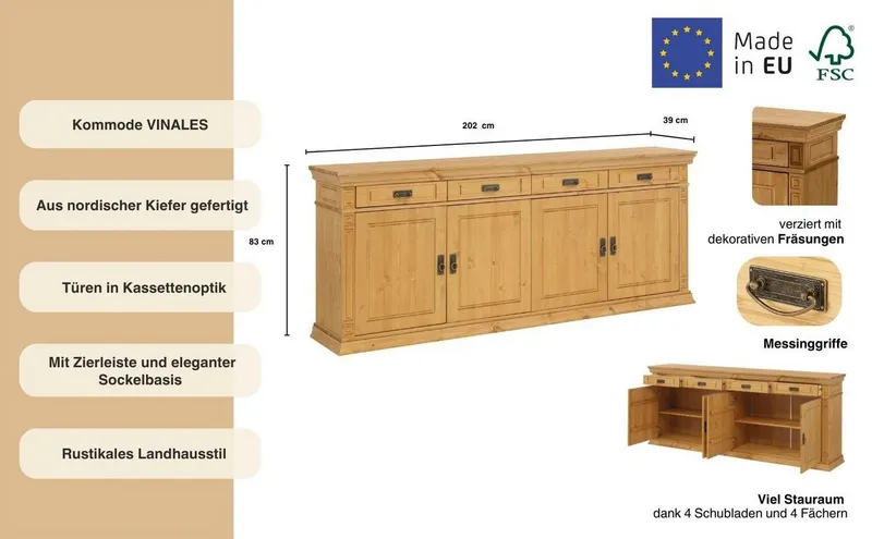 OTTO home Sideboard Vinales, Kommode, 4 Schubkästen, 4 Türen, 4 Fächer (B/T/H:202/39/83 cm), Massivholz, Messinggriffe im Jugendstil, Zierleisten, eleganter Sockel, Beige, – Produktbild 1 von 5