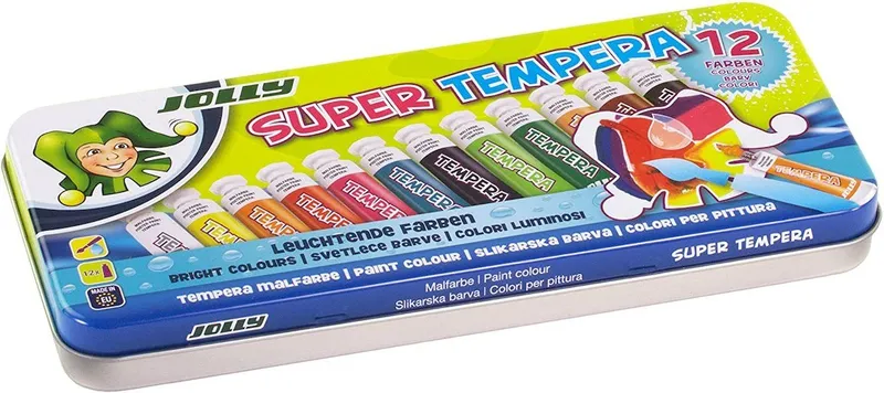 Jolly Jolly Temperafarbe Tempera Farben, 12 verdünnbare Flüssigfarben (12x7,5ml), in komfortabler Metallbox, Blau|braun|bunt|gelb|grün|rot|schwarz, – Produktbild 3 von 5