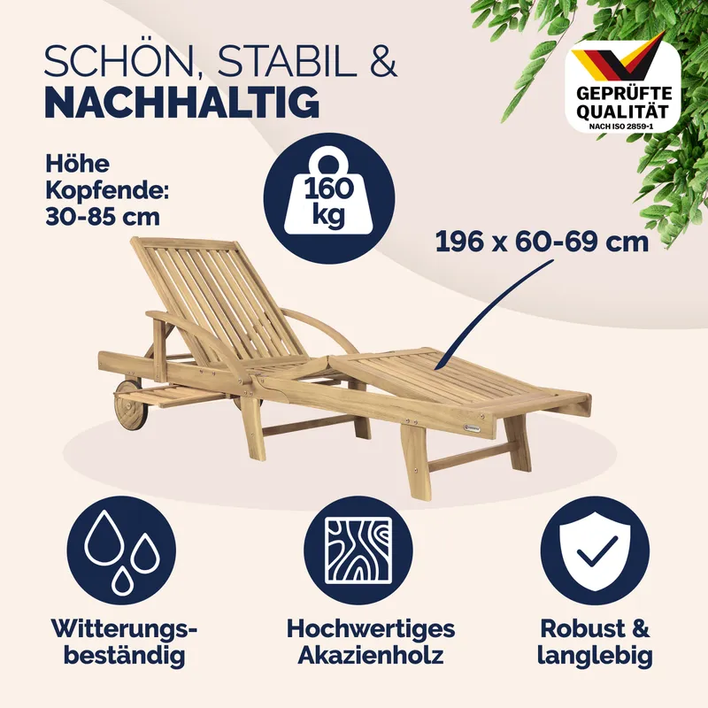 Casaria® Gartenliege klappbar verstellbar Akazienholz Teak Optik Ausziehtisch Rollen – Produktbild 2 von 2