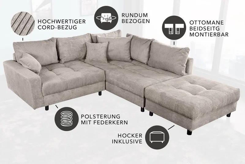 riess-ambiente Ecksofa KENT 220cm greige schwarz - Cord, L-Form, Federkern, FSC-zertifiziert, Einzelartikel 1 Teile, Moderne Wohnlandschaft inkl. Hocker - ideal für Wohnzimmer u. Familien, Grau, – Produktbild 3 von 5