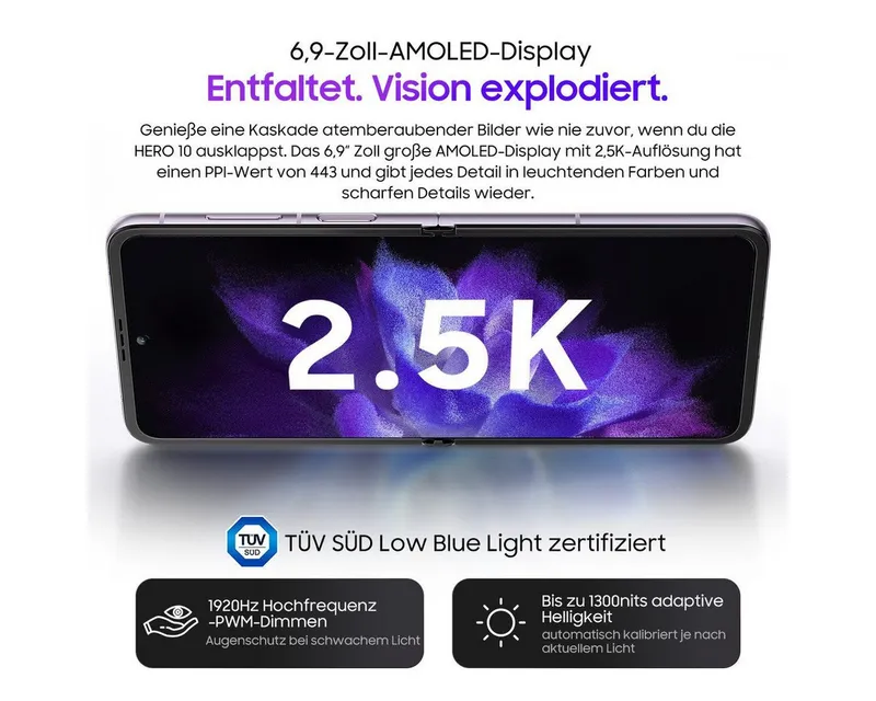 Blackview Blackview Hero 10 klapp handy Ohne Vertrag Dual-Screen flip Smartphone (6.9 Zoll, 256 GB Speicherplatz, 108 MP Kamera, 6,9", 2,5K AMOLED, 108MP, 256GB, 4000 mAh/45W, NFC), Lila, – Produktbild 4 von 5