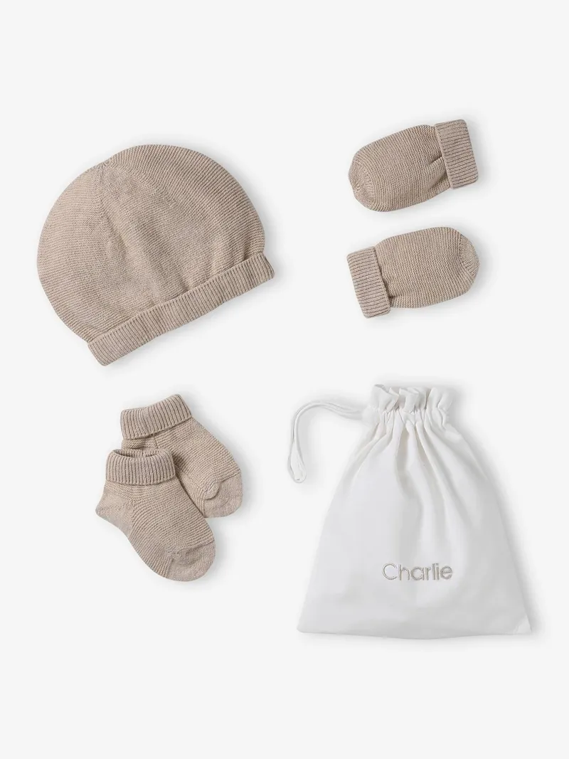 Vertbaudet Baby Set mit Mütze, Beige meliert, – Produktbild 1 von 4