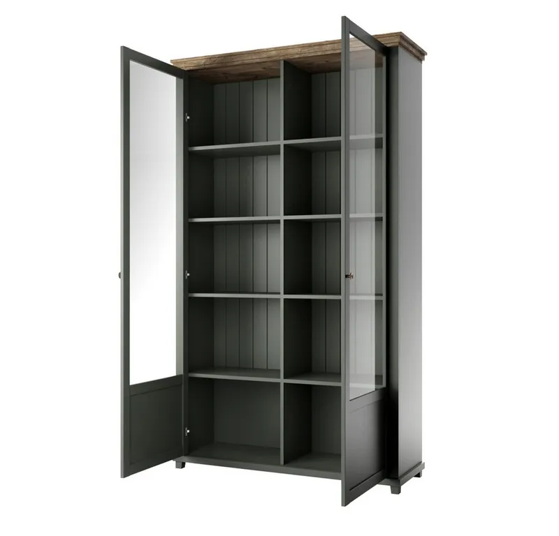Lomadox Vitrine EPSOM-83 grün Landhaus mit Lefkas Eiche Nb. Knopfgriffe Messing 126/200/42 cm, Grün, – Produktbild 2 von 4
