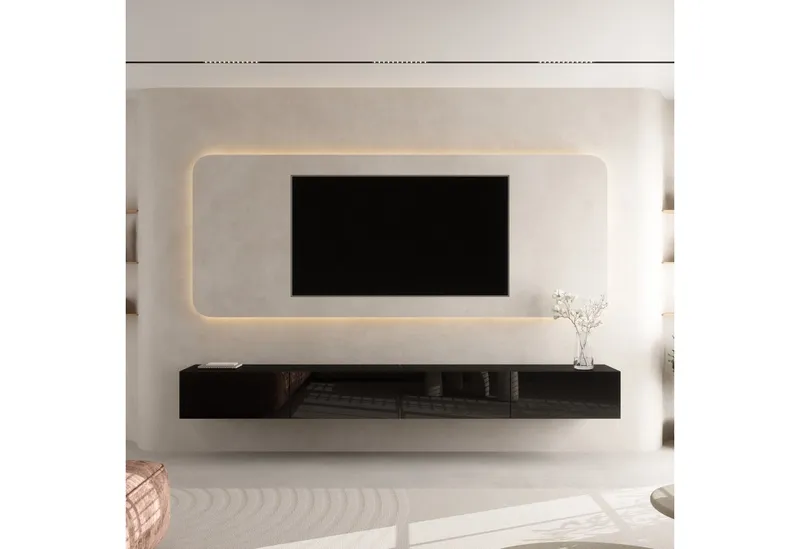 Planetmöbel TV-Schrank West TV-Board, Fernsehtisch 280 cm lang, TV-Lowboard (für Fernseher bis 65 Zoll, TV Schrank viel Stauraum, 2-St., sideboard hängend, Fernsehschrank 2x 140 x 30 x 37,5 cm) schwarz, Schwarz, – Produktbild 3 von 4
