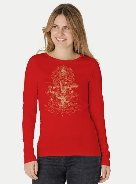 Peaces.bio - handbedruckte Biomode Peaces.bio - handbedruckte Biomode Bio-Damen-Langarmshirt Ganesha, Rot, – Produktbild 1 von 2