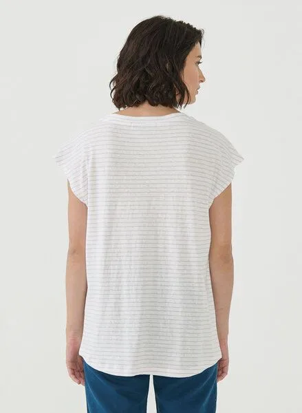 ORGANICATION ORGANICATION Gestreiftes T-Shirt aus Bio-Baumwolle und Leinen, Off white/lavender fog, – Produktbild 4 von 4