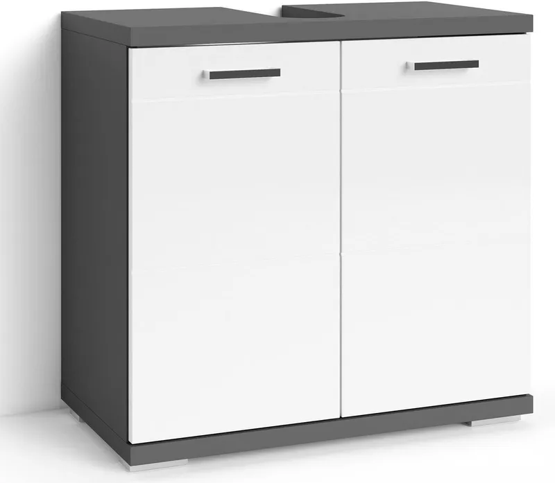 byLIVING Waschbeckenunterschrank Nebraska Breite 60 cm, mit Hochglanzlackierung und verchromten Metallgriffen, Grau, – Produktbild 2 von 5