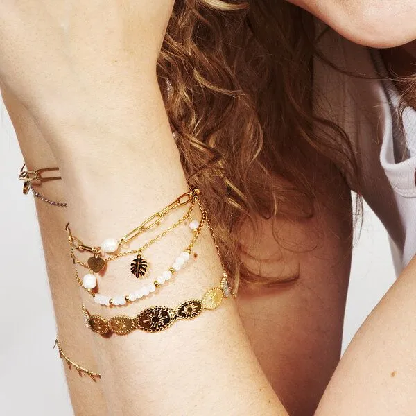 ELEKTROPULLI Gliederarmband "Herz" mit weißen Süsswasserperlen in ca. 23 cm x 4.1mm (inkl. 6 cm Verlängerungskette) von Elektropulli, Gold, – Produktbild 2 von 4