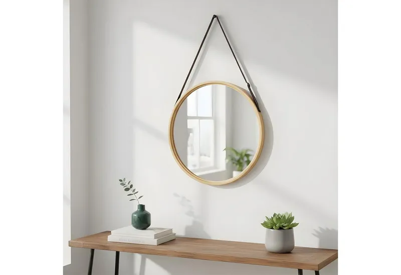 Levandeo® Wandspiegel, Wandspiegel 38cm Rund Bambus Holz Kunstleder Flurspiegel Wanddeko, Natur, – Produktbild 4 von 5
