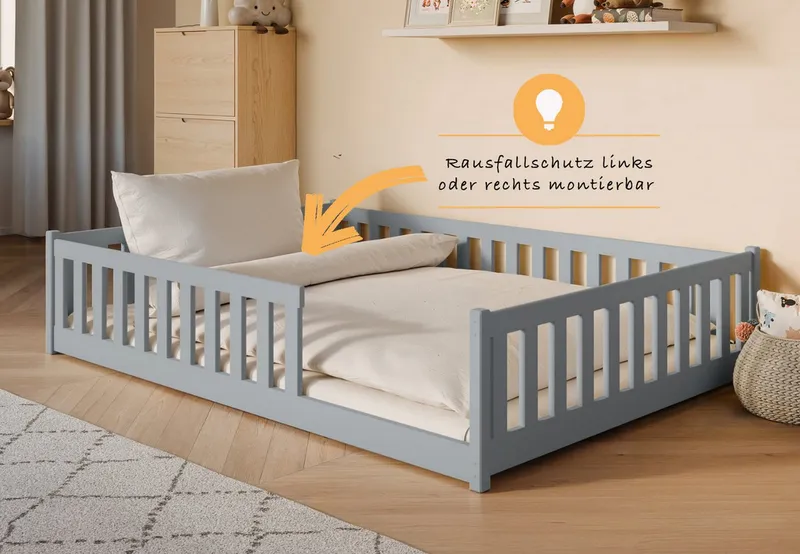 Kids Collective Kinderbett Bodenbett Bett mit Rausfallschutz & Lattenrost Montessori Bett Kinder (Jungen, Mädchen, Kinder, weitere Größen 80x160, 80x180, 90x190, 90x200, 120x200 cm), Jugendbett Gitterbett Einzelbett, Aschgrau Kiefer 140x200 cm, Grau, – Produktbild 5 von 5