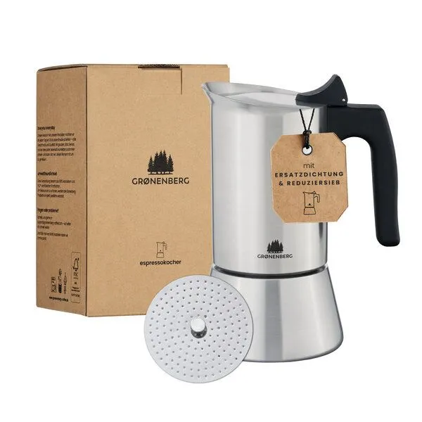 GROENENBERG GROENENBERG Espressokocher Induktion 4 oder 6 Tassen (200-300 ml) aus Edelstahl | mit Reduziersieb & Ersatzdichtung – Produktbild 1 von 4