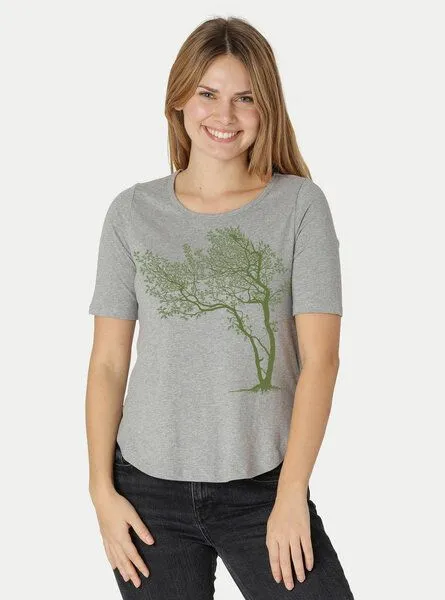 Peaces.bio - handbedruckte Biomode Peaces.bio - handbedruckte Biomode Damen Halbarm-Shirt Fancy Tree, Hellgrau, – Produktbild 1 von 3
