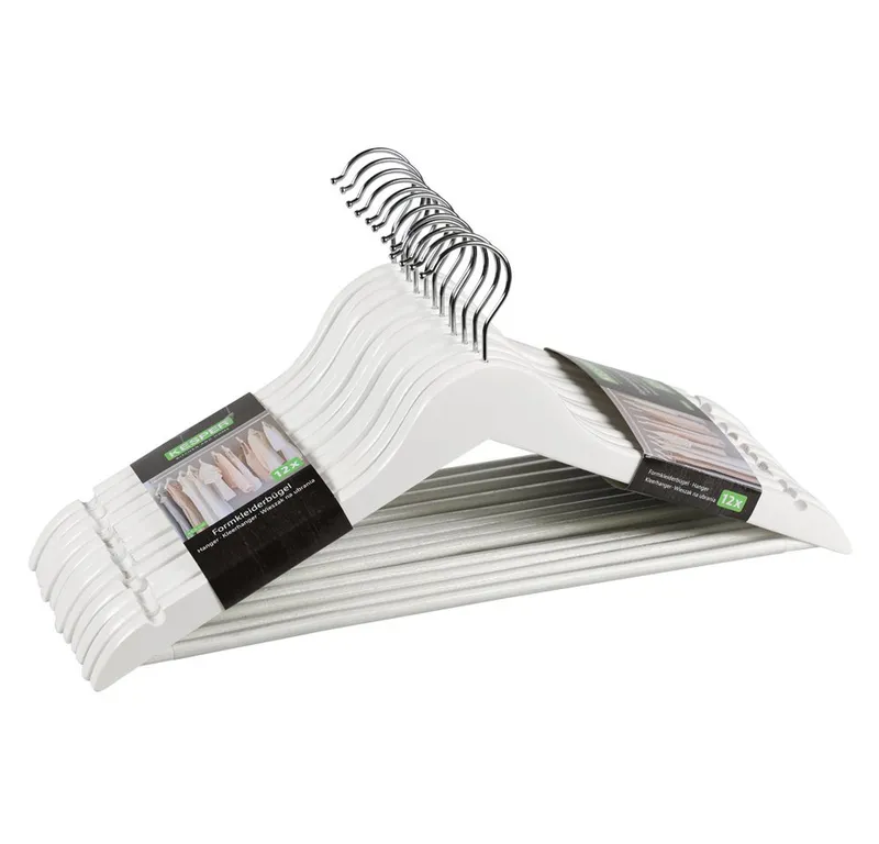Kesper Kesper Kleiderbügel Formkleiderbügel, 12er Pack, FSC® zertifiziert, (Set, 12-tlg), mit Rockkerben und Hosensteg, Weiß, – Produktbild 1 von 3