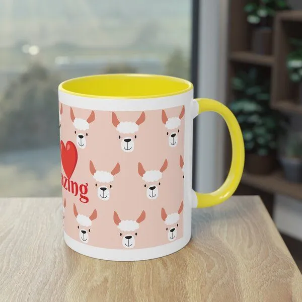 PepMelon Lama Tasse mit Farbe innen, Be Llamazing, lustige Lama Weihnachtstasse, Gelb, – Produktbild 3 von 3