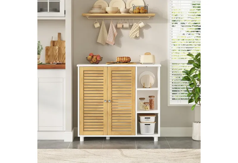 MSMASK Badkommode Badezimmerschrank mit 3 Offenen Regalen und 2 Bambustüren, 77 × 30 × 80 cm, Beige, – Produktbild 3 von 5
