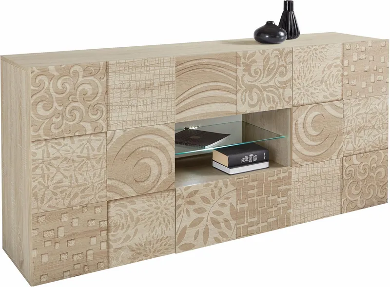 Home affaire Sideboard Miro, Breite 181 cm mit dekorativem Siebdruck, Beige, – Produktbild 1 von 8
