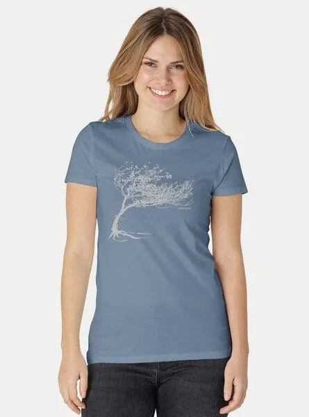 Peaces.bio - handbedruckte Biomode Peaces.bio - handbedruckte Biomode Bio-Damen-T-Shirt "Windy Tree", Blaugrau, – Produktbild 1 von 3
