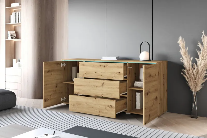 Home affaire Sideboard VERA, grifflos, verstellbare Einlegeböden, Wahlweise mit oder ohne Beleuchtung, Beige, – Produktbild 4 von 5