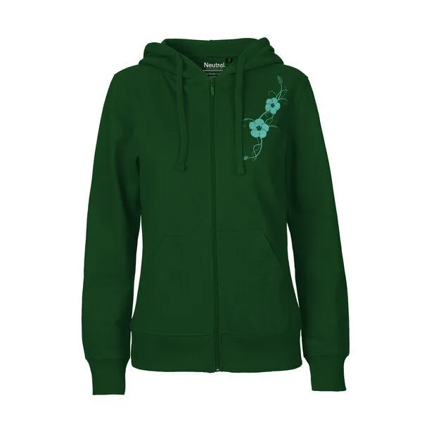 HANDGEDRUCKT HANDGEDRUCKT "Hibisken" Frauen Zip-HOODY aus reiner Biobaumwolle (kbA), Bottlegreen, – Produktbild 1 von 2