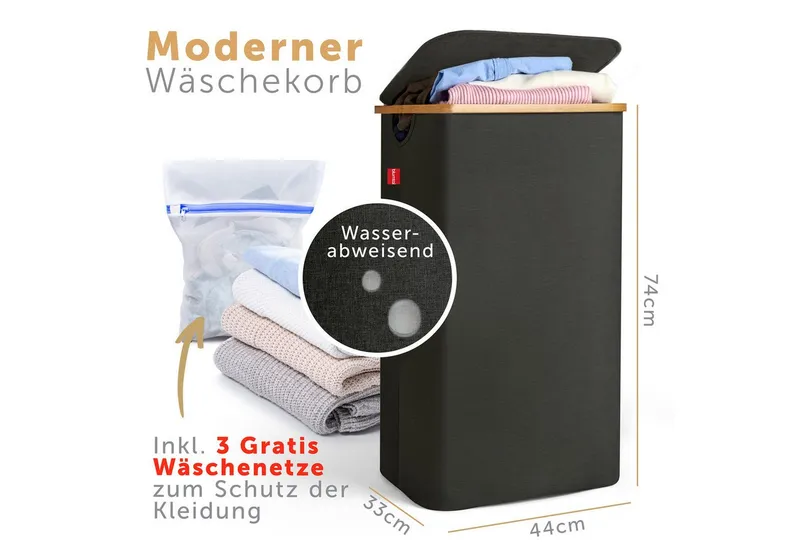 Blumtal Wäschekorb 1,2 oder 3 Fächer mit herausnehmbaren Wäschesäcken 100, 140 oder 150L, in drei Größen erhältlich, Schwarz, – Produktbild 2 von 5