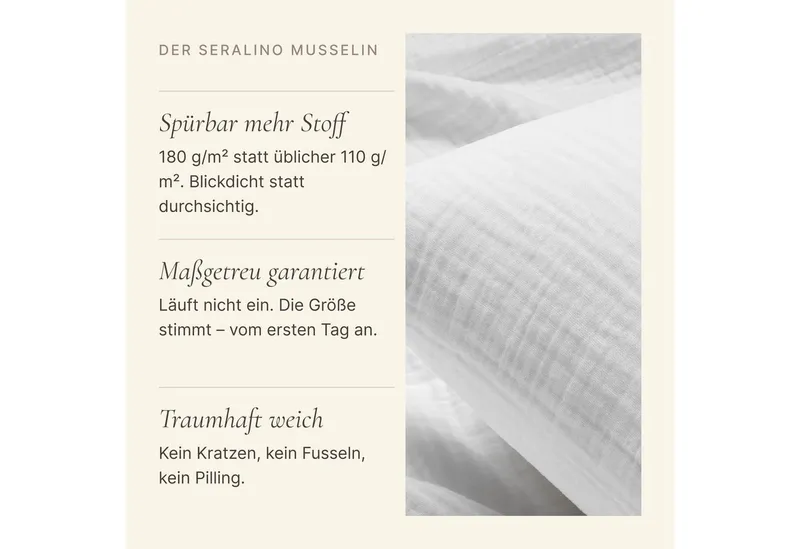 Seralino Kissenbezüge 2er Set aus Musselin (100% Bio Baumwolle) blickdicht, weich, (2 Stück), besonders weich, bügelfrei, formstabil, verdeckter Reißverschluss, Weiß, – Produktbild 4 von 5