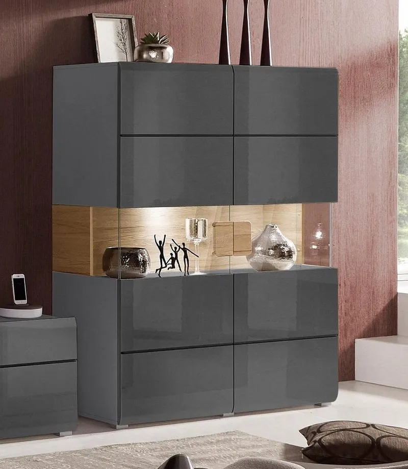 OTTO home Highboard Toledo,Breite 121,5 cm, trendige Hochkommode mit 2 Türen, Hochschrank mit Glas-Partien,stylische Hochglanzfronten, Schwarz, – Produktbild 4 von 5