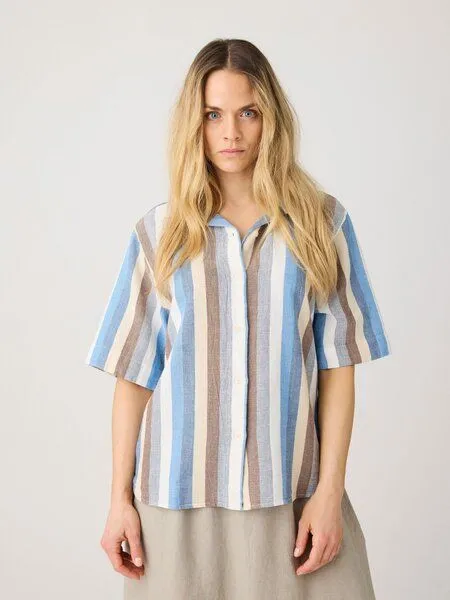 KnowledgeCotton Apparel KnowledgeCotton Apparel Lockere kurzarm Hemdbluse mit Struktur aus Bio-Baumwolle, Mehrfarbig-color-stripe, – Produktbild 1 von 2