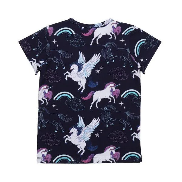 Walkiddy Kinder T-Shirt GOTS zertifiziert, 95% Bio-Baumwolle, dunkelblau, Einhorn-Pegasus-Muster, weich – Walkiddy, Blau, – Produktbild 2 von 3