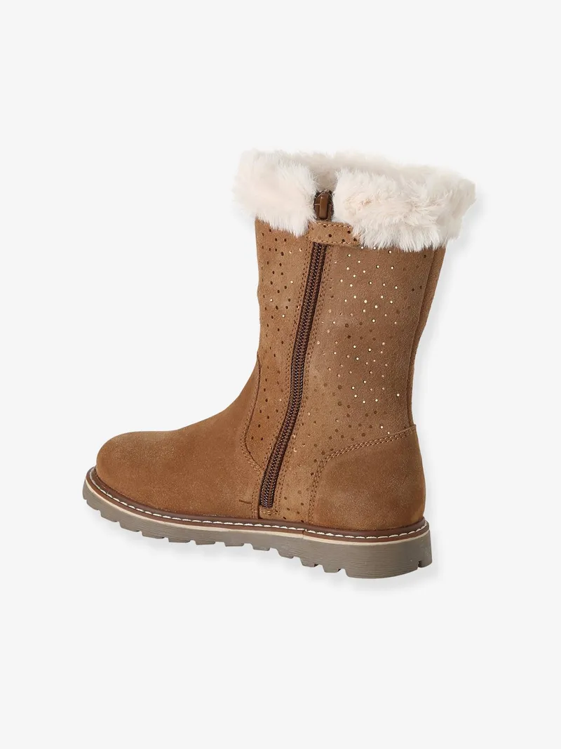 Vertbaudet Vertbaudet Leder-Stiefel mit Fellbesatz und Reißverschluss Glitzer-Tupfen Mädchen, Braun, – Produktbild 3 von 4
