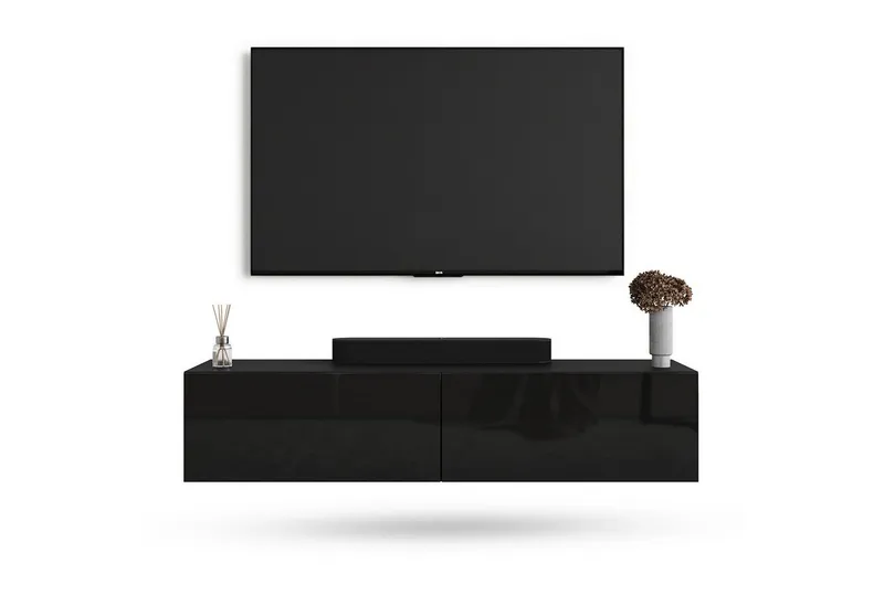 Planetmöbel TV-Schrank West TV-Board, Fernsehtisch 140 cm lang, TV-Lowboard (für Fernseher bis 65 Zoll, TV Schrank viel Stauraum, sideboard hängend, Fernsehschrank 140 x 30 x 37,5 cm) schwarz, Schwarz, – Produktbild 1 von 4