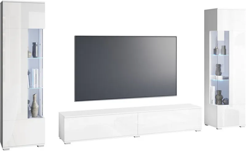 OTTO home Wohnwand Kenia, Vitrine Türanschlag links/rechts wechselbar, (3-St), Vitrinen mit Eckverglasung, hängend und stehend montierbar, Weiß, – Produktbild 3 von 4