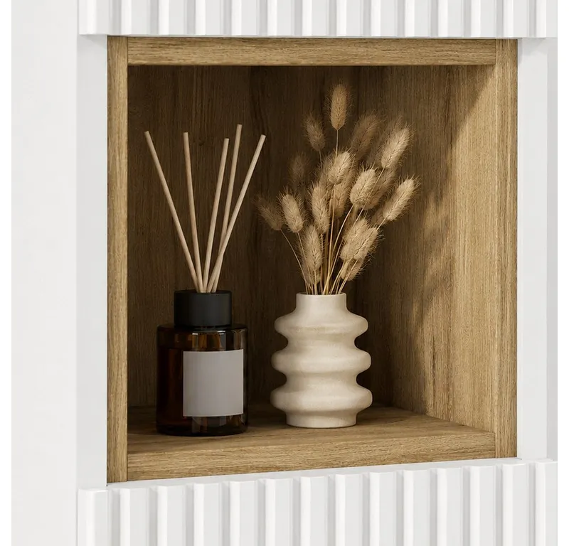 Lomadox Hochschrank NEWPORT-56-WHITE Weiß Rillen 30 cm breit Fach in Eiche Dekor grifflos Softclose Türen, Weiß, – Produktbild 2 von 5