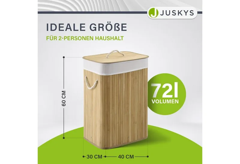 Juskys Wäschekorb Curly 72 L in Natur aus Bambus mit Deckel & waschbarem Wäschesack, Wäschesammler für 2 Personen, faltbar mit Griffen, 40 x 30 x 60 cm, Beige, – Produktbild 2 von 5