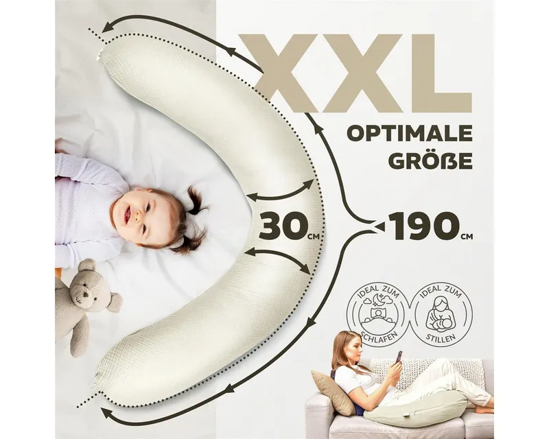 SEI Design Stillkissen Seitenschläferkissen XXL Babynest - Baby Erstausstattung Neugeborene, Schwangerschaftskissen 190x30 cm, Schwangerschaftskissen mit Bezug, Musselin Bezug 100% BIO Baumwolle, Beige, – Produktbild 3 von 5