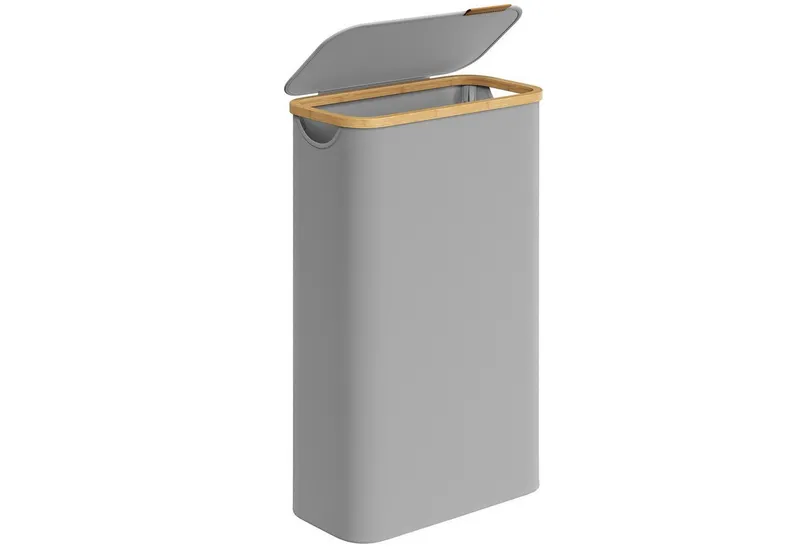 SONGMICS SONGMICS Wäschekorb mit Deckel, herausnehmbarer Einsatz, Bambus‑Rahmen, Oxford‑Gewebe, 65 L, 42 x 22,5 x 70,5 cm, mit Deckel, platzsparend, Griffe aus Bambus, Grau, – Produktbild 1 von 5