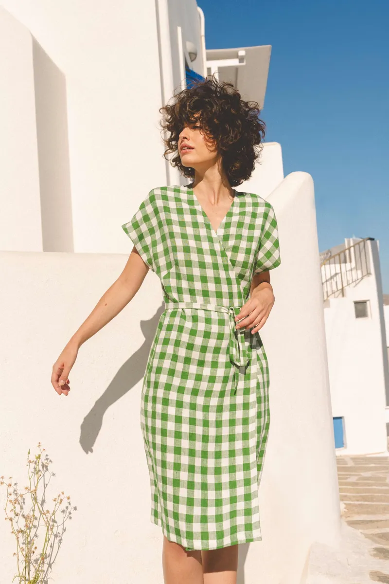 AmourLinen AmourLinen Damen vegan Wickelkleid Olivia Grün Gingham, Grün, – Produktbild 2 von 2