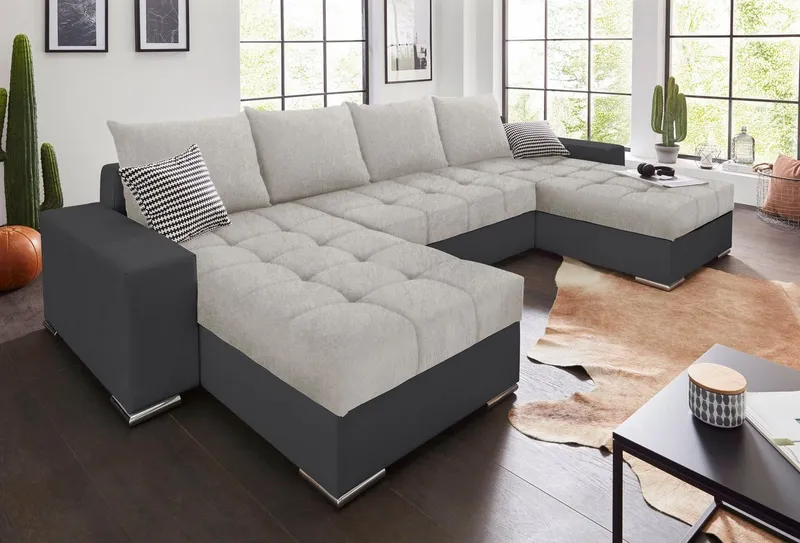 COLLECTION AB Wohnlandschaft Josy XL U-Form, Breite: 313 cm, Liegefl. 137x266 cm, Schlaffunktion, Bettkasten & 2 Zierkissen, Federkern, Grau|schwarz, – Produktbild 2 von 5