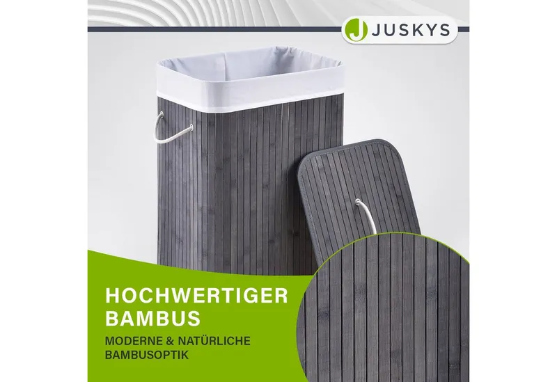 Juskys Wäschekorb Curly 72 L in Grau aus Bambus mit Deckel & waschbarem Wäschesack, Wäschesammler für 2 Personen, faltbar mit Griffen, 40 x 30 x 60 cm, Grau, – Produktbild 5 von 5